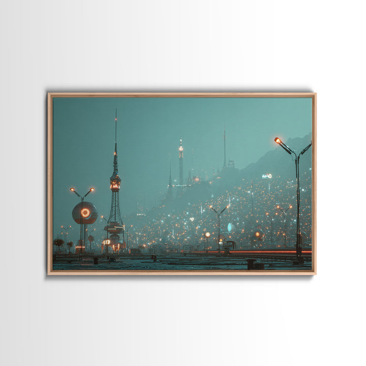 Foggy Futuristic Teal City Towers Wall Art, Midcentury Modern Sci Fi Skyline, Retro Urban Poster, MCM Office Decor, Modern Wall Decor