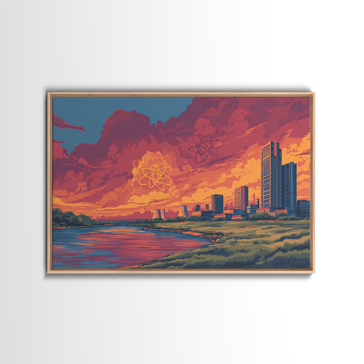 Red Cloud Atomic Waterfront Skyline Wall Art, Midcentury Modern Canvas Print, Retro Sci Fi Sunset Poster, Colorful Home Decor
