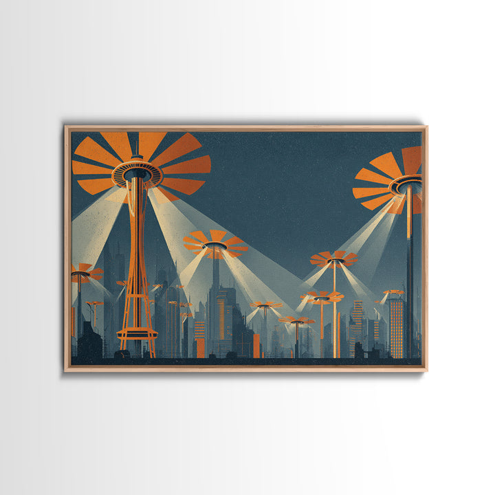 UFO Searchlight Future City Wall Art, Midcentury Modern Sci Fi Poster, Retro Space Needle Skyline, Orange MCM Decor, Modern Wall Decor