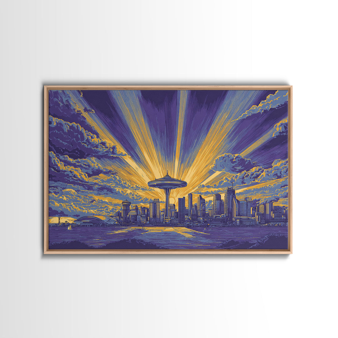 Seattle Space Needle Sunburst Wall Art, Midcentury Modern Canvas Print, Retro Skyline Poster, Purple Yellow MCM Home Decor