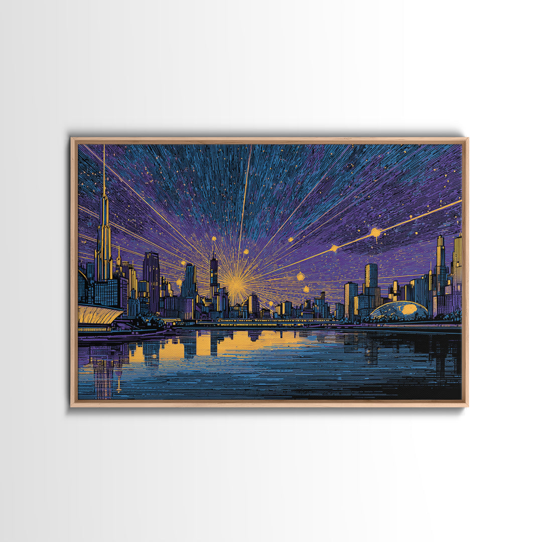 Futuristic Skyline Meteor Shower Wall Art, Midcentury Modern Sci Fi City Poster, Blue Gold Urban Decor, MCM Office Print