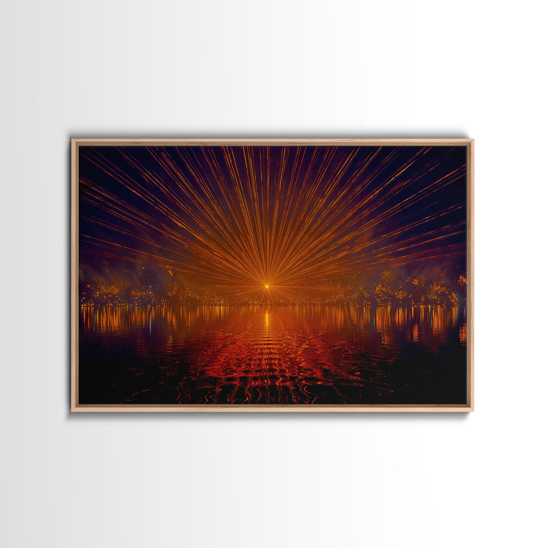 Orange Laser Sunset Over Water Wall Art, Modern Abstract Sci Fi Landscape, Retro Futuristic Poster, Large MCM Office Decor