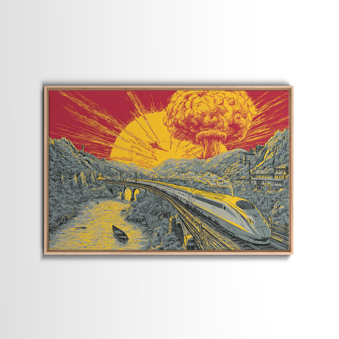 Nuclear Bullet Train Landscape Canvas Print, Apocalyptic Retro Poster, Sci Fi Wall Decor, Dramatic Yellow Art, Modern Wall Art
