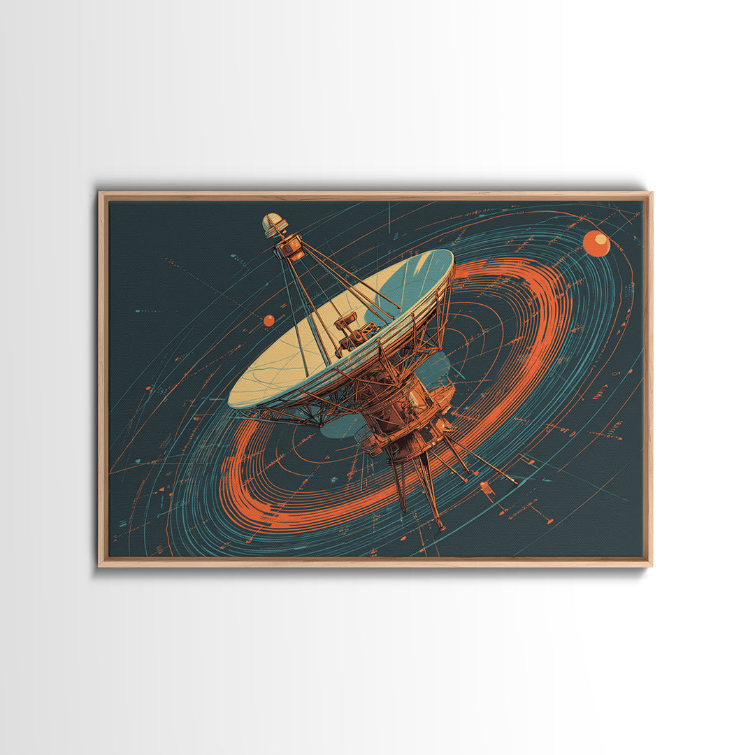 Deep Space Radio Telescope Canvas Print, Teal Orange Retro Futurism Poster, Orbital Lines Art, Midcentury Modern Wall Decor
