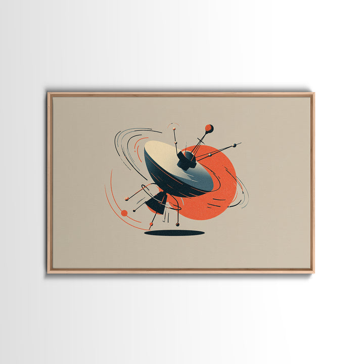 Atomic Sputnik Satellite Sculpture Wall Art, Mid Century Modern Poster, Orange Beige Retro Print, Geometric Space Home Decor