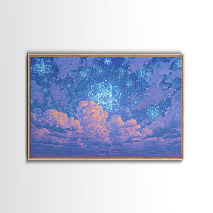Dreamy Atomic Cloud Sky Wall Art, Pastel Space Poster, Celestial Midcentury Modern Decor, Blue Nursery Office Canvas Print