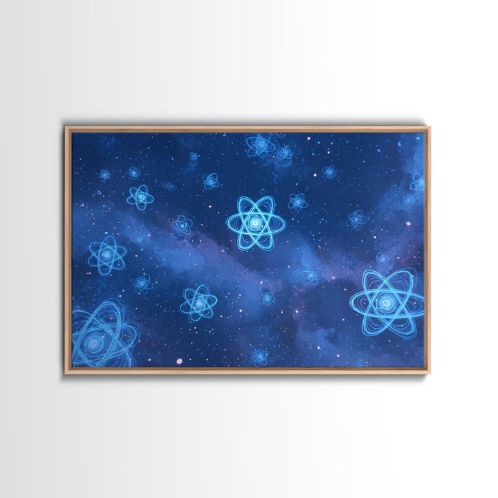 Blue Neon Atoms In Starry Nebula Canvas Print, Science Wall Art, Cosmic Retro Art, Modern Digital Art, Space Poster Decor