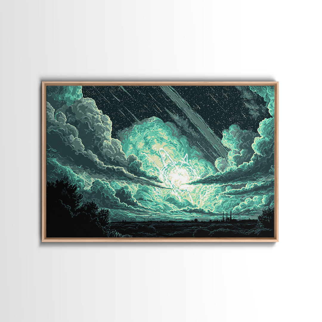 Glowing Meteor Burst In Emerald Clouds Wall Art, Pixel Sci Fi Landscape, Retro Art Poster, Space Abstract Art, Modern Wall Decor
