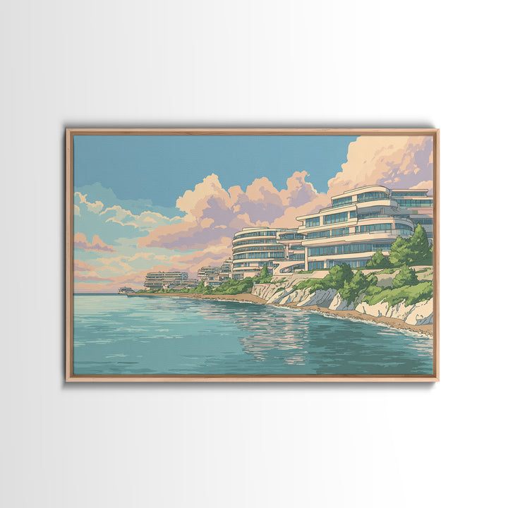 Pastel Coastal Modernist Apartments Canvas Print, Seaside Wall Art, Contemporary Print, Neutral Blue Home Decor, Ocean View Poster