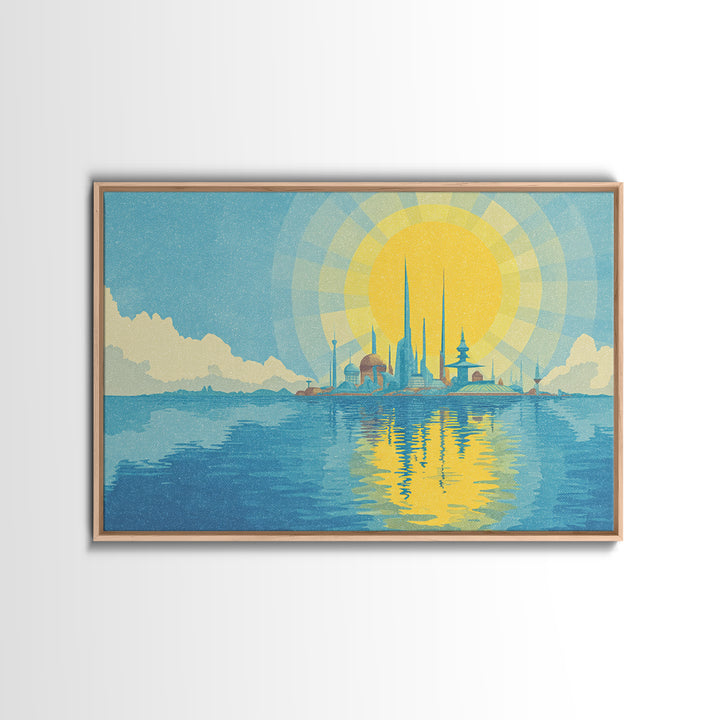 Radiant Sun Over Future Island Skyline Canvas Print, Retro Futuristic Wall Art, Blue Travel Poster, Modern Coastal Decor