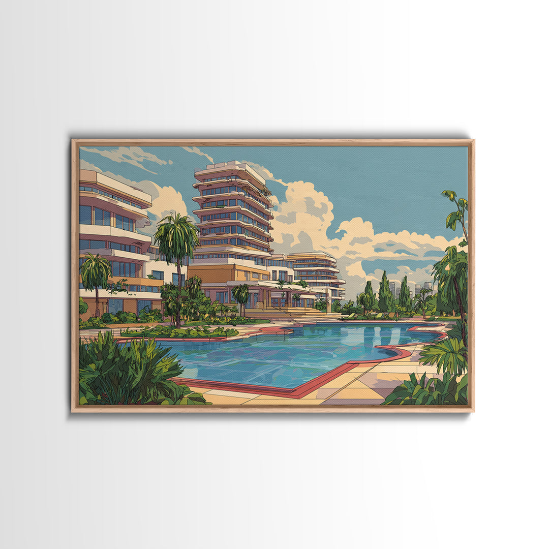 Sunny Resort Pool And Palm Terrace Framed Canvas Print, Mid Century Modern Wall Art, Retro Travel Poster, Office Decor Print