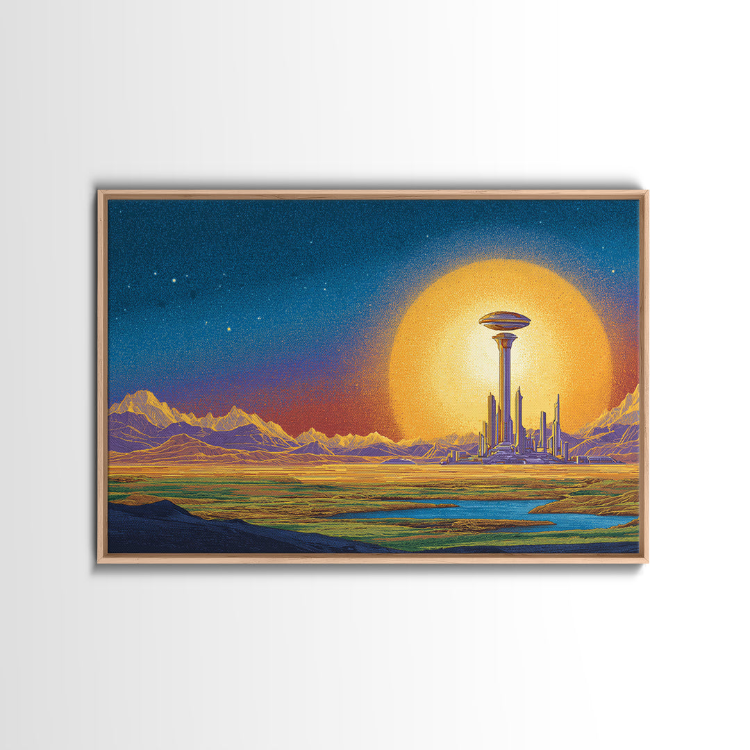 Retro Futuristic Space City With Golden Moon Wall Art, Mid Century Modern Poster, Sci Fi Landscape Print, Man Cave Decor