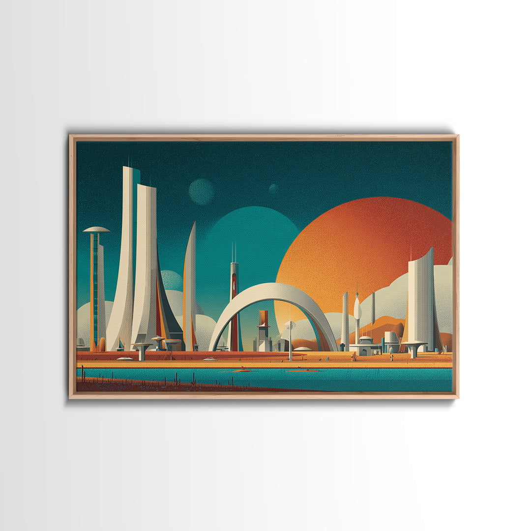 Futurist White Towers And Arched City Canvas Print, Mid Century Modern Wall Art, Retro Sci Fi Poster, Large Wall Decor Print