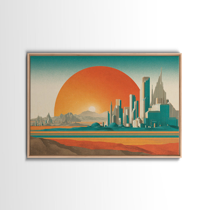 Desert Metropolis With Giant Orange Sun Framed Canvas Print, Mid Century Modern Wall Art, Retro Futuristic Poster, Office Decor