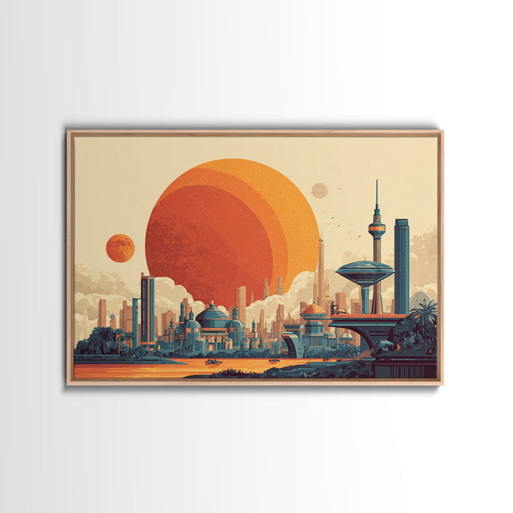 Futuristic Planet Skyline With Domed City Wall Art, Mid Century Modern Poster, Retro Sci Fi Print, Colorful Home Decor Print