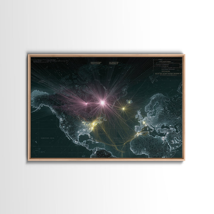 Glowing World Map Network Lights Wall Art, Modern Digital Data Artwork, Global Travel Decor, Sci Fi Space Framed Canvas Print