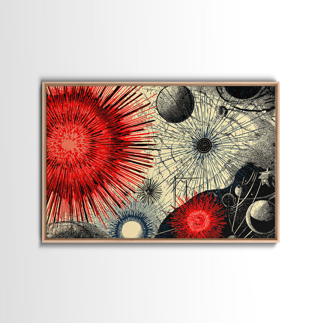 Red Black Cosmic Starburst Wall Art, Retro Space Abstract Art, Midcentury Modern Poster, Atomic Art Print, MCM Room Decor