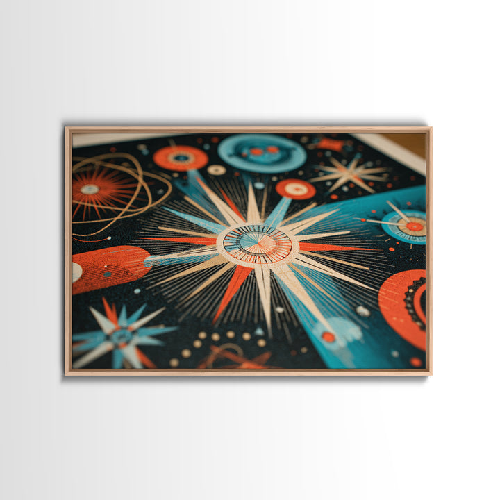 Teal Orange Atomic Starburst Framed Canvas Print, Midcentury Modern Wall Art, Retro Art Print, Space Age MCM Home Decor Poster