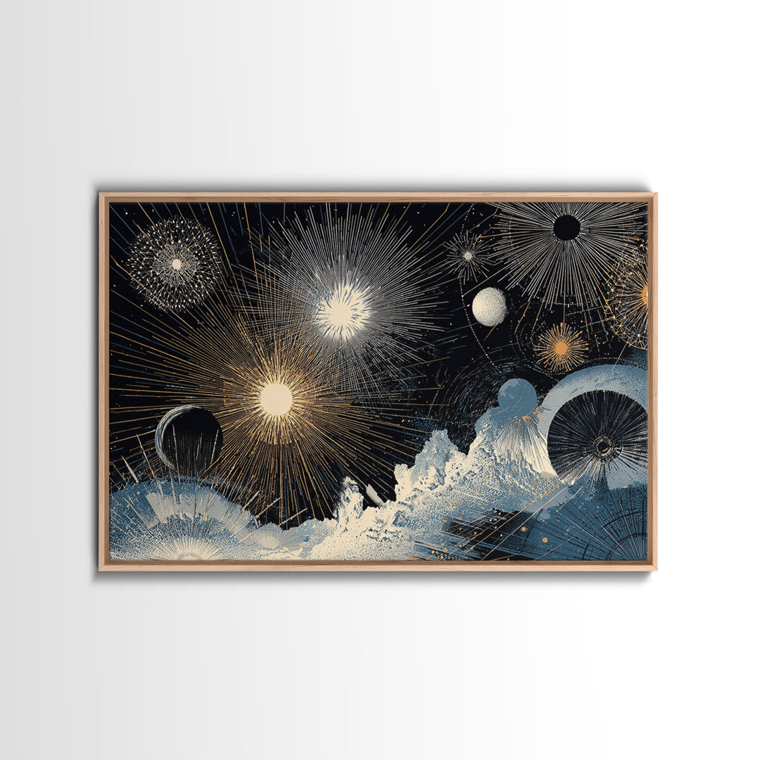 Night Sky Fireworks Over Ocean Waves Canvas Print, Celestial Wall Art, Modern Abstract Art, Blue Gold Living Room Decor Poster