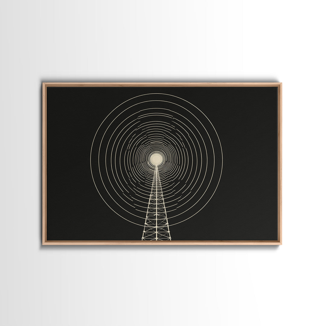 Radio Tower Concentric Signal Wall Art, Black And Cream Midcentury Modern Print, Minimalist Retro Science Office Decor Poster