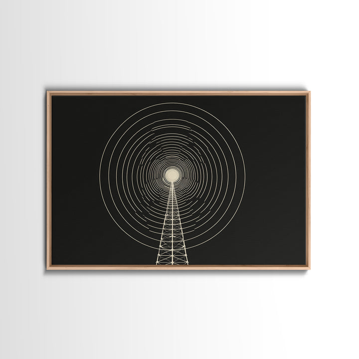 Radio Tower Concentric Signal Wall Art, Black And Cream Midcentury Modern Print, Minimalist Retro Science Office Decor Poster