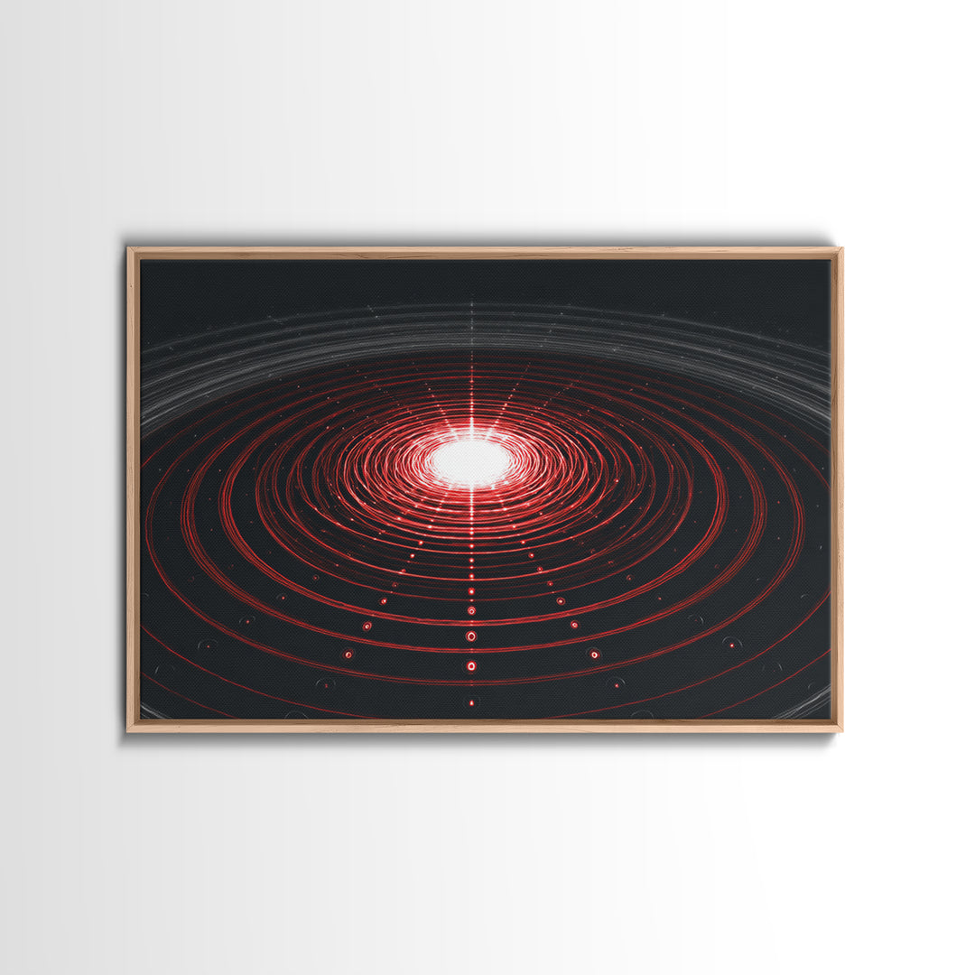 Glowing Red Orbit Disk Wall Art, Sci Fi Abstract Canvas Print, Futuristic Midcentury Modern Poster, Black Office Decor Print