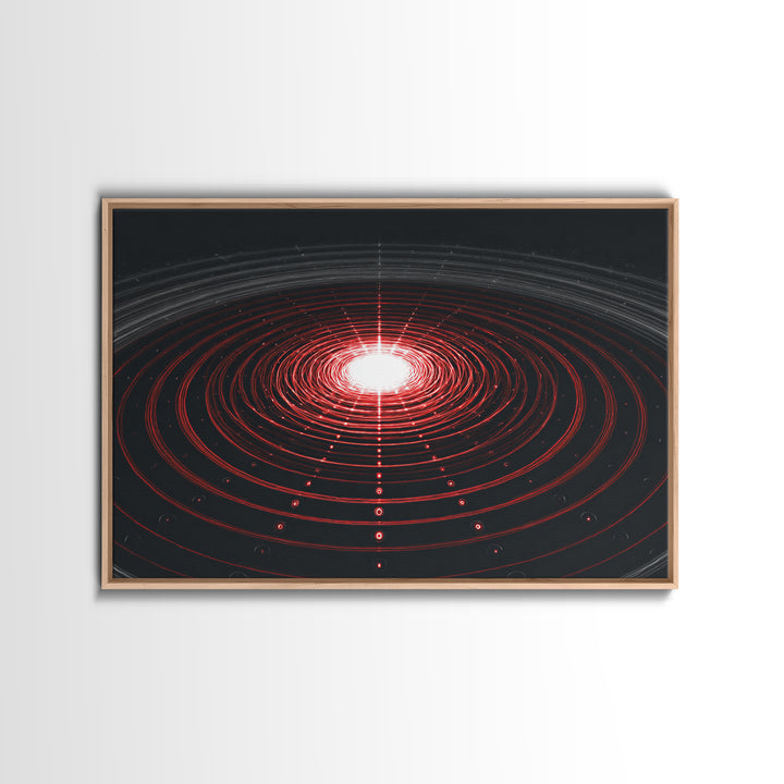 Glowing Red Orbit Disk Wall Art, Sci Fi Abstract Canvas Print, Futuristic Midcentury Modern Poster, Black Office Decor Print