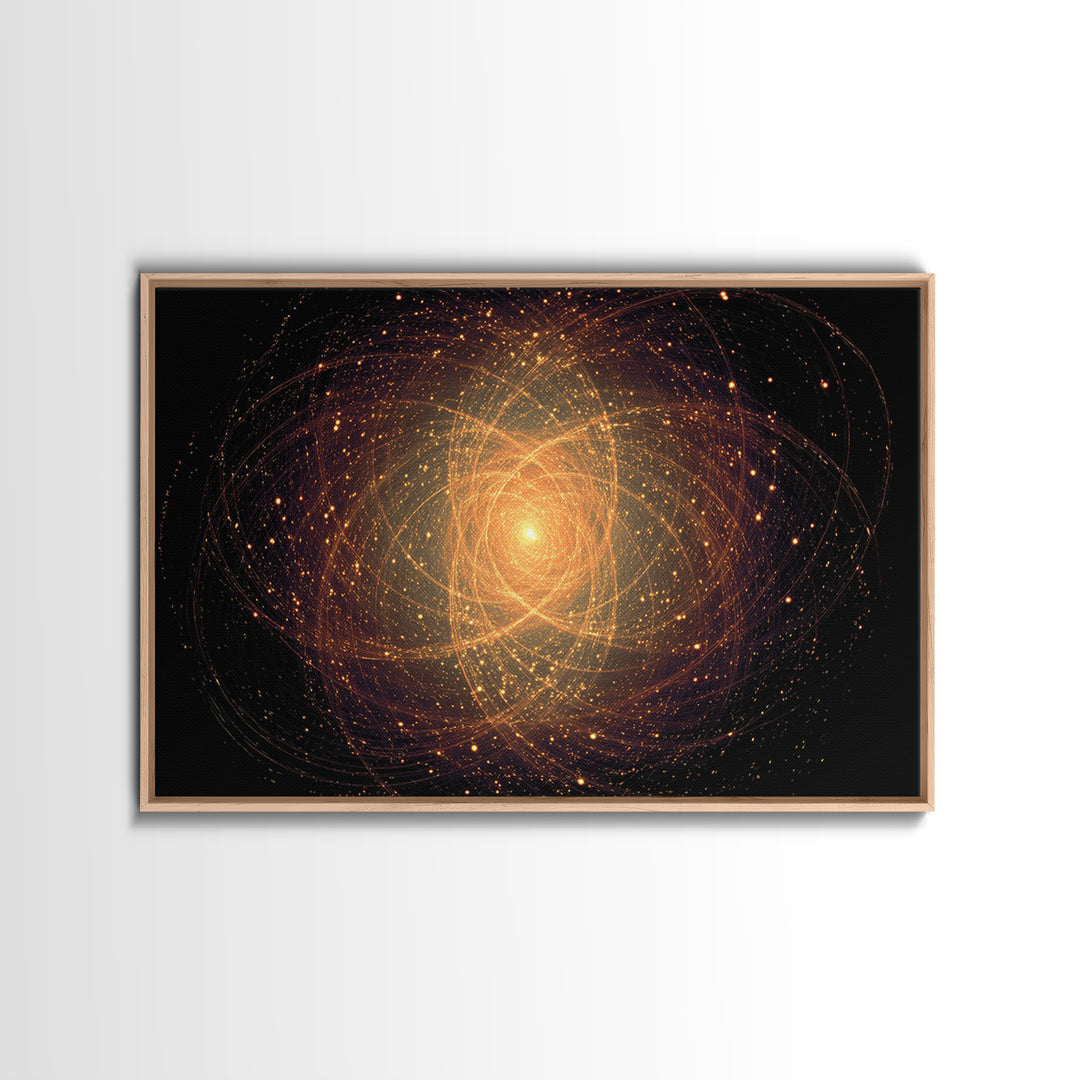 Golden Atomic Particle Orb Wall Art, Modern Abstract Art Print, Space Abstract Art, Midcentury Decor, Framed Canvas Print