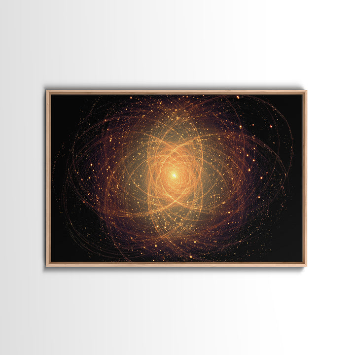 Golden Atomic Particle Orb Wall Art, Modern Abstract Art Print, Space Abstract Art, Midcentury Decor, Framed Canvas Print