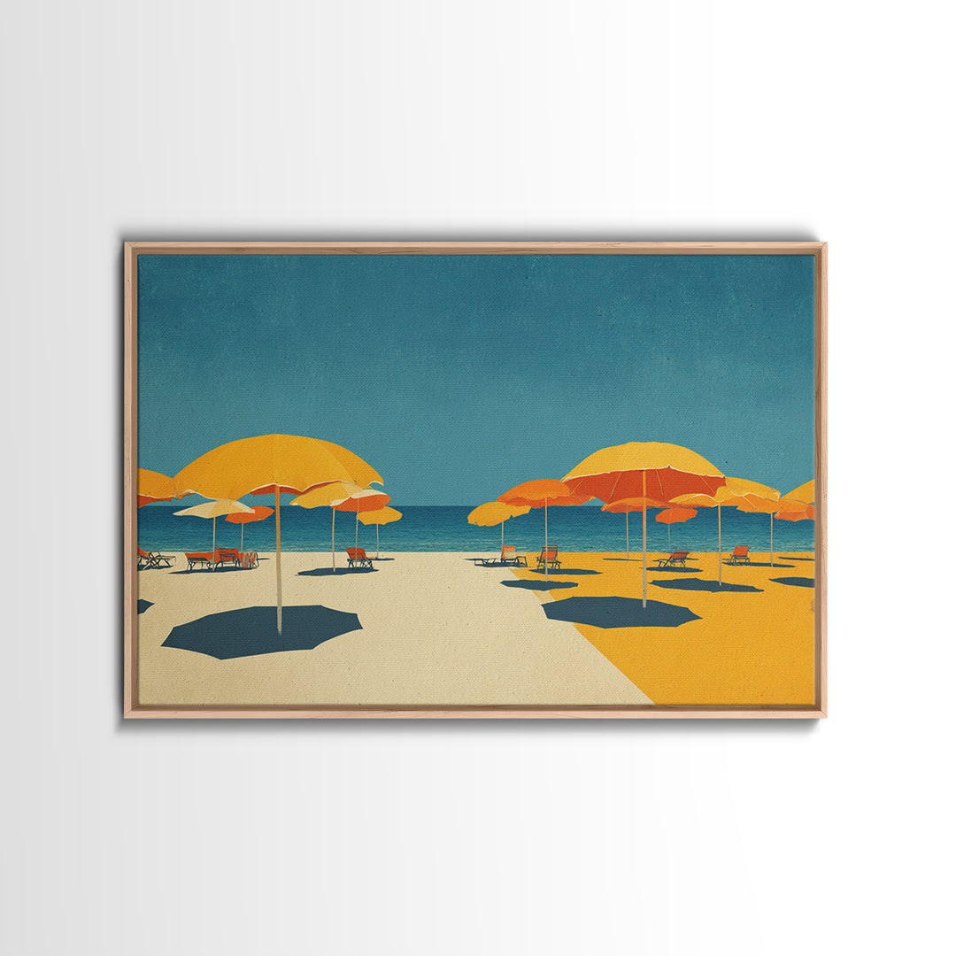 Sunny Yellow Beach Umbrellas Wall Art, Retro Coastal Canvas, Midcentury Modern Decor, Ocean Summer Print For Living Room