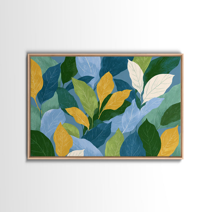 Layered Blue Green And Gold Leaves Wall Art, Botanical Midcentury Modern Art Print, Nature Decor For Bedroom Living Room