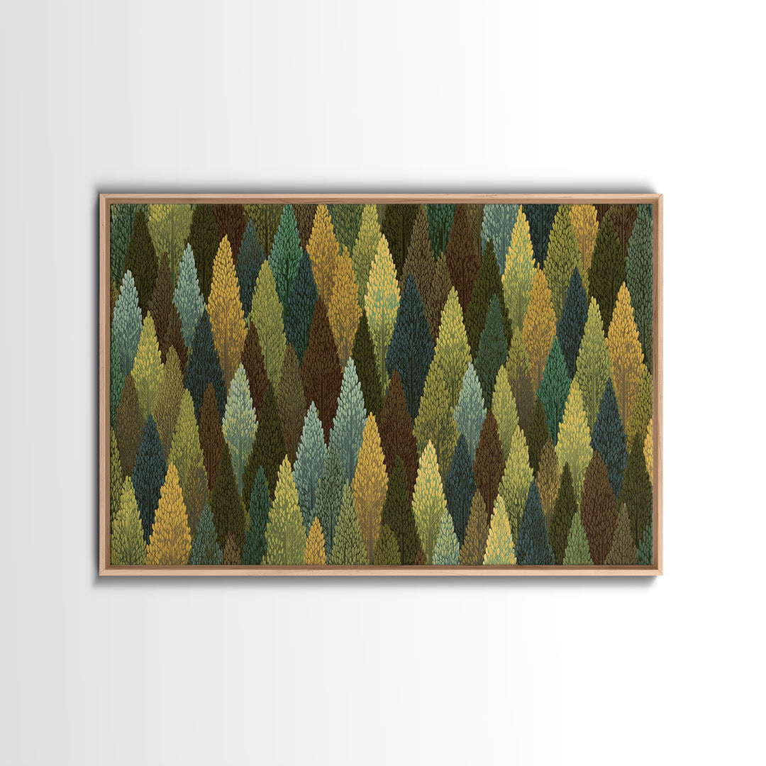 Textured Green Gold Forest Wall Art, Scandinavian Midcentury Modern Art Print, Nature Landscape Decor For Living Room Office