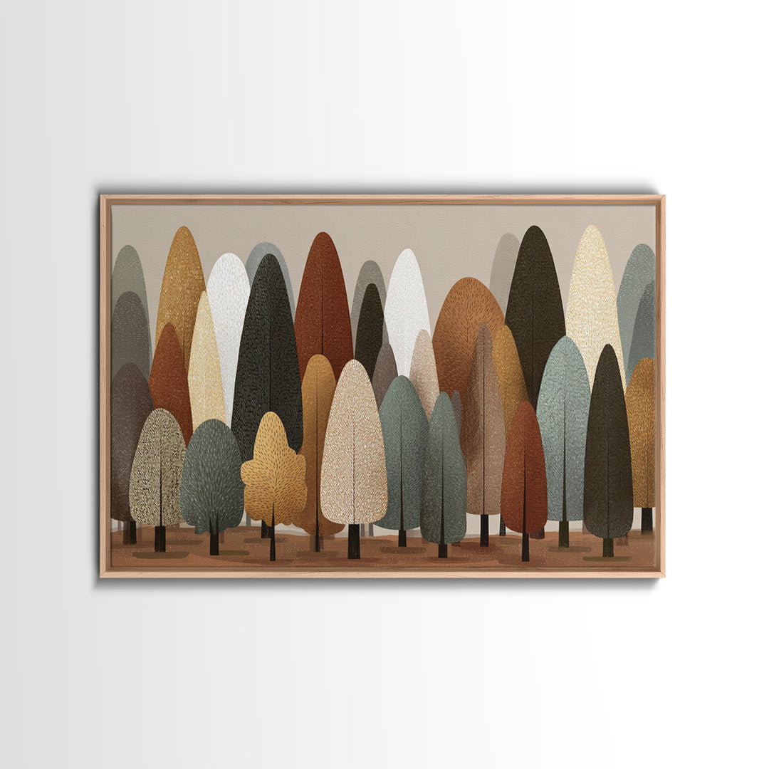 Neutral Earth Tone Stylized Trees Wall Art, Scandinavian Midcentury Modern Canvas Print, Minimalist Forest Decor For Home
