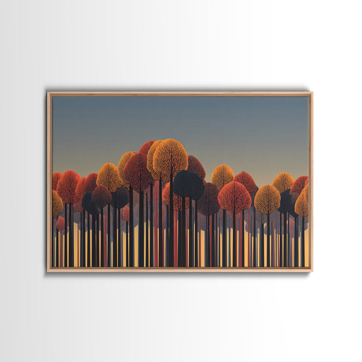 Autumn Orange Red Treeline Wall Art, Bold Midcentury Modern Canvas Print, Retro Forest Decor For Living Room Home Office
