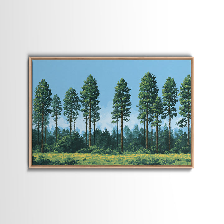 Tall Pine Forest Meadow Wall Art, Nature Landscape Canvas Print, Midcentury Modern Decor For Cabin Living Room Office Art