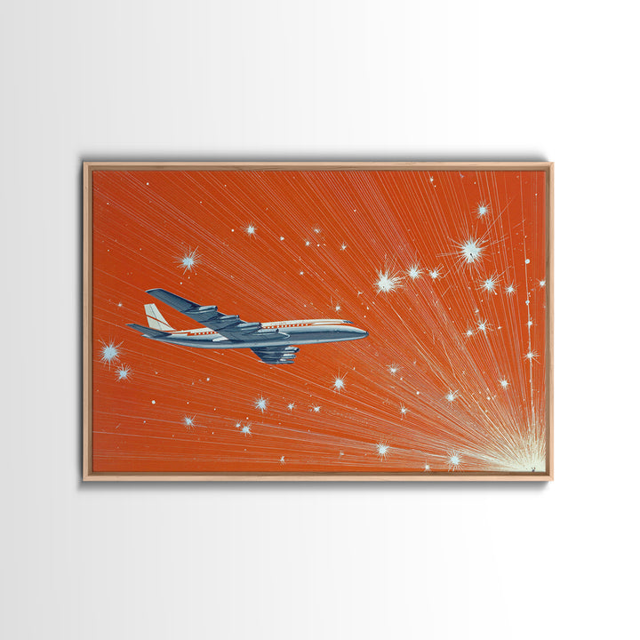 Orange Starburst Jet Canvas Print, Midcentury Modern Wall Art, Retro Aviation Poster, Bold Atomic Travel Decor Gift For Him