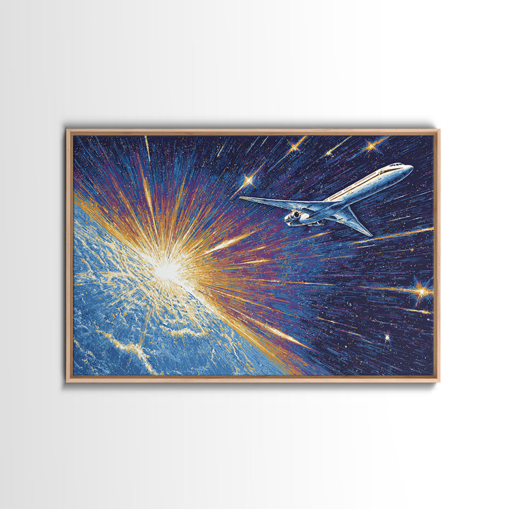 Space Age Jet Over Earth Wall Art, Midcentury Modern Poster, Retro Sci Fi Aviation Print, Blue Atomic Home Decor Gift For Him