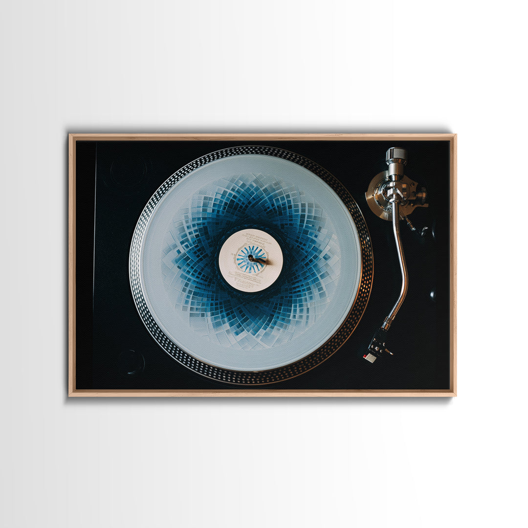 Blue Spirograph Vinyl Record Framed Canvas Print, Modern Music Wall Decor, Turntable Photography, Geometric MCM Art Print