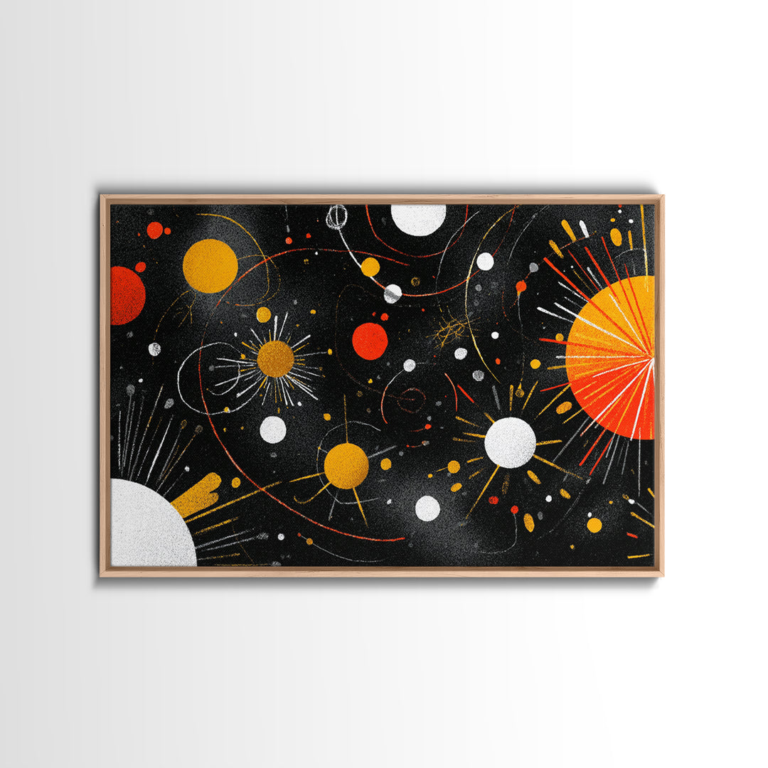 Atomic Black Cosmic Orbits With Red And Gold Suns Wall Art, Mid Century Modern Space Abstract Print, Retro MCM Wall Decor