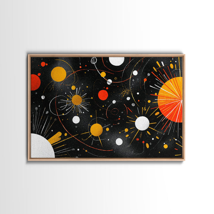 Atomic Black Cosmic Orbits With Red And Gold Suns Wall Art, Mid Century Modern Space Abstract Print, Retro MCM Wall Decor