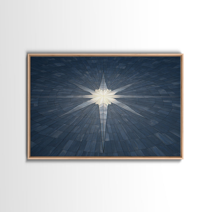 Glowing Star On Blue Geometric Tiles Canvas Print, Modern Wall Art, Abstract Architectural Decor, Minimalist MCM Poster Print