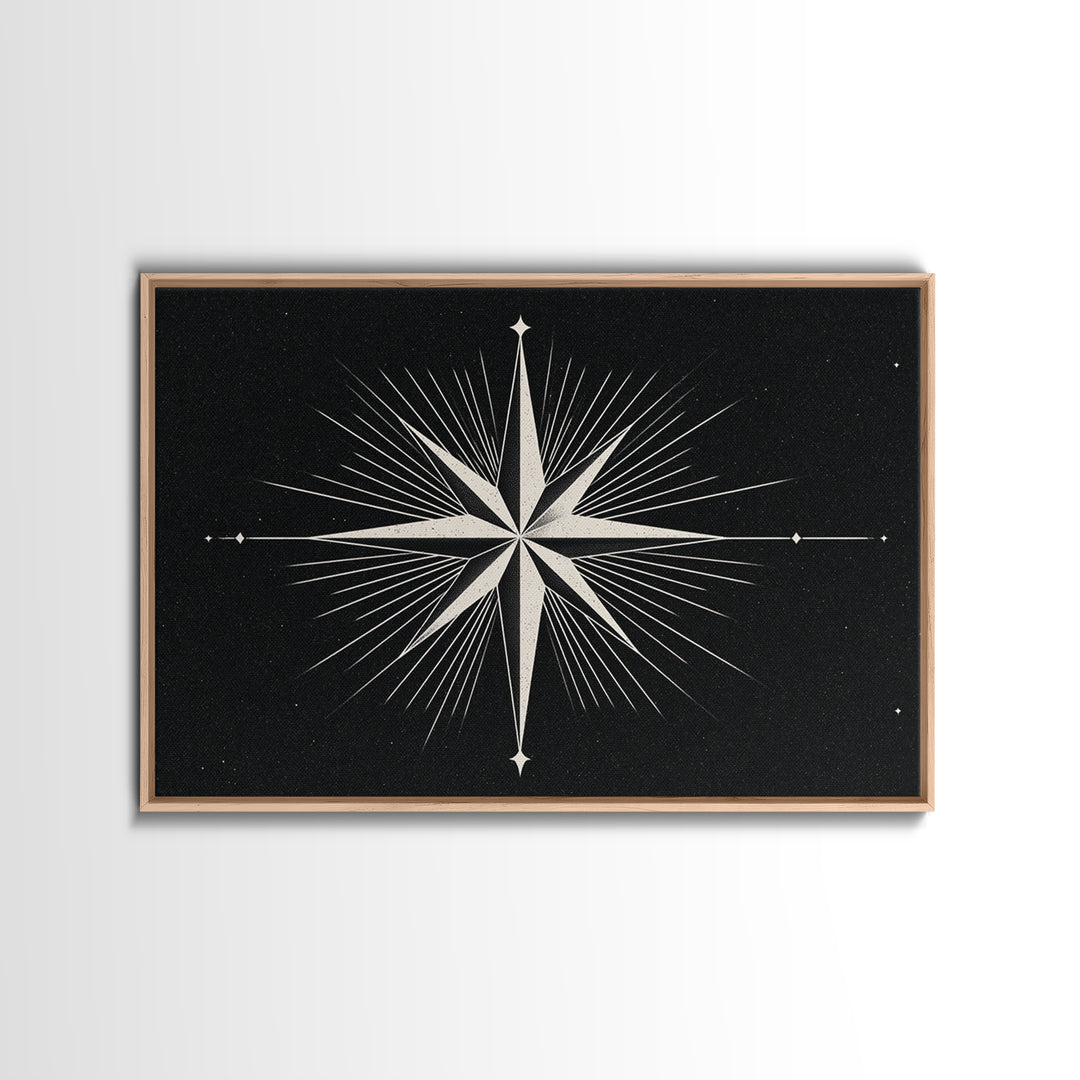 White Compass Star On Black Speckled Sky Wall Art, Mid Century Modern Abstract Print, Minimalist Retro Geometric Wall Decor