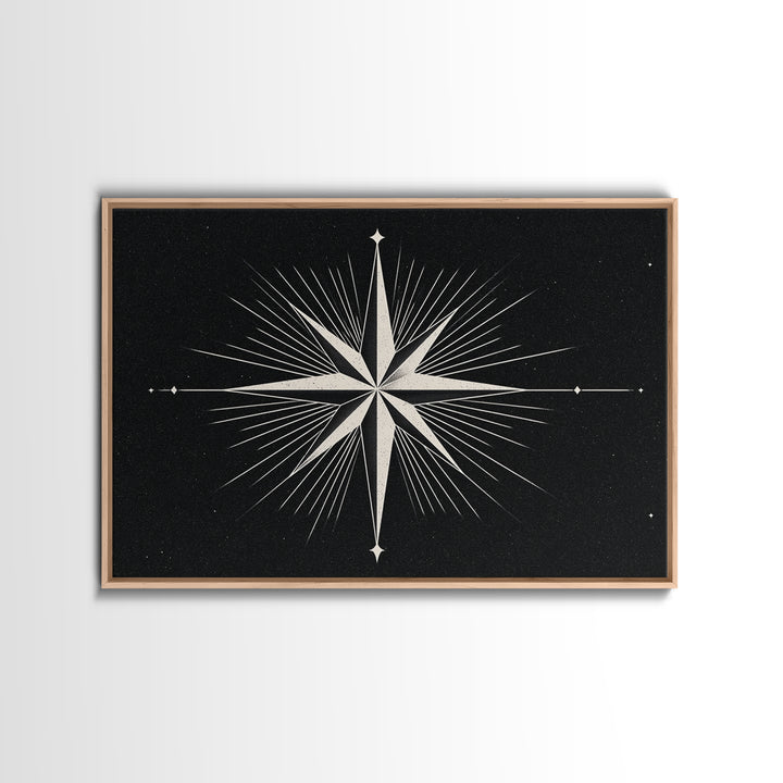 White Compass Star On Black Speckled Sky Wall Art, Mid Century Modern Abstract Print, Minimalist Retro Geometric Wall Decor
