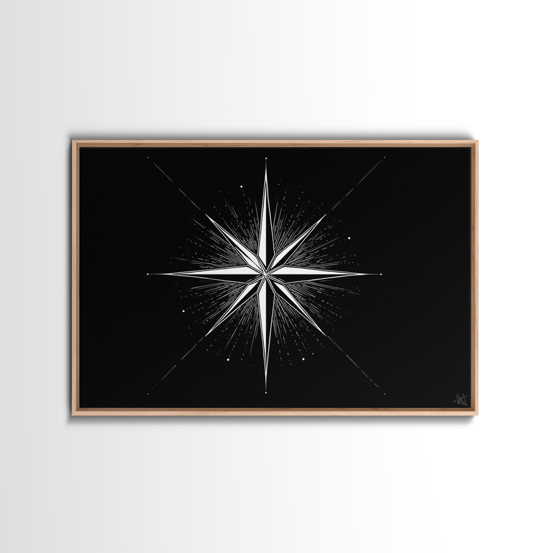Sharp White Starburst On Deep Black Canvas Print, Minimalist Geometric Wall Art, Modern Abstract Poster, Retro MCM Decor