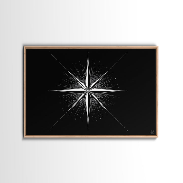 Sharp White Starburst On Deep Black Canvas Print, Minimalist Geometric Wall Art, Modern Abstract Poster, Retro MCM Decor