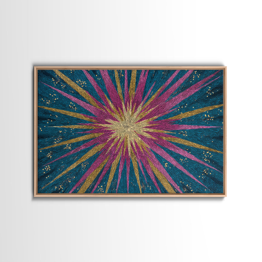 Teal Pink Gold Radiating Star Lines Framed Canvas Print, Modern Abstract Wall Art, Colorful Mid Century Modern MCM Decor Poster