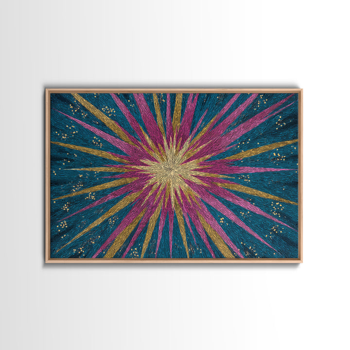 Teal Pink Gold Radiating Star Lines Framed Canvas Print, Modern Abstract Wall Art, Colorful Mid Century Modern MCM Decor Poster