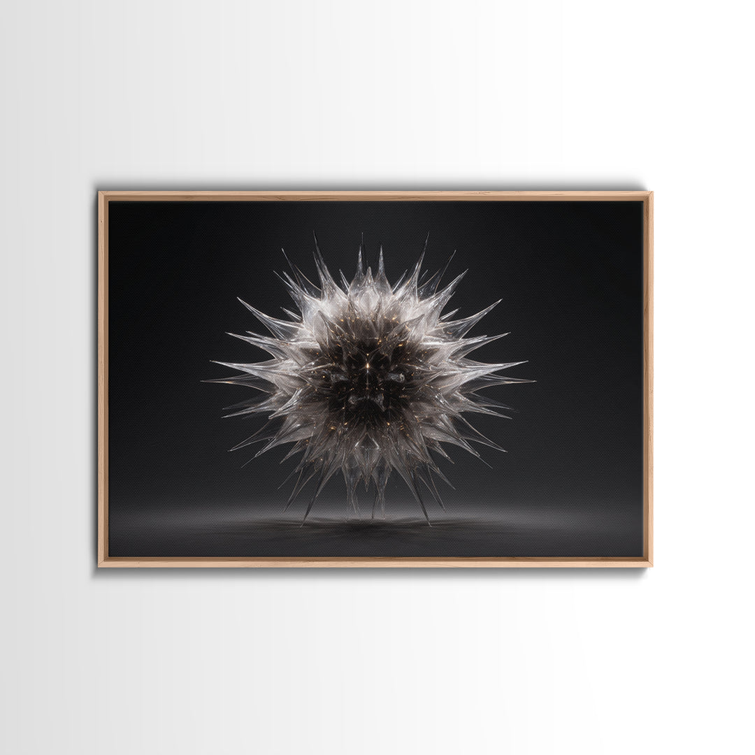 Silver Thorn Sphere Framed Canvas Print, Modern Abstract Art, Black Wall Decor, Sci Fi Sculpture Poster, Masculine Home Office Art