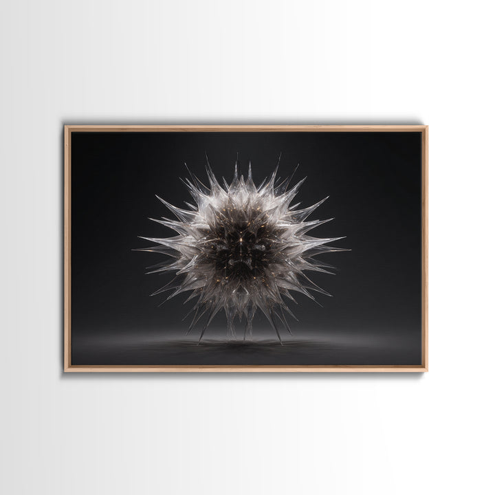 Silver Thorn Sphere Framed Canvas Print, Modern Abstract Art, Black Wall Decor, Sci Fi Sculpture Poster, Masculine Home Office Art