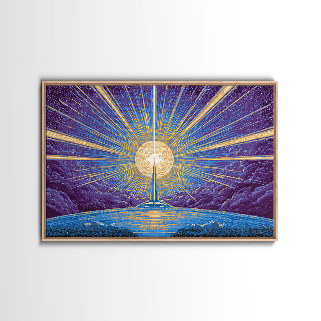 Radiant Rocket Sunrise Wall Art, Retro Sci Fi Poster, Mid Century Modern Art Print, Blue Yellow Space Decor, Space Abstract Art